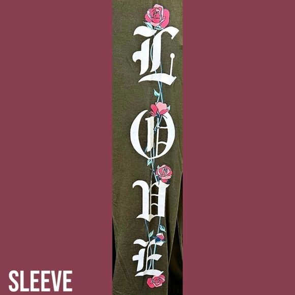 NEW TORRID Plus Size olive greenβlove rose long sleeve crew neck top. - Picture 6 of 13